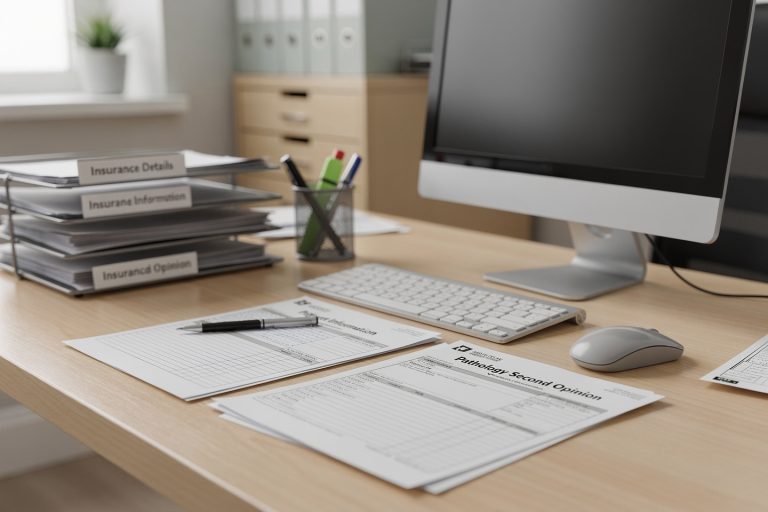 Empty medical billing desk with insurance forms and pathology paperwork illustrating formal pathology second opinion cost and coverage.