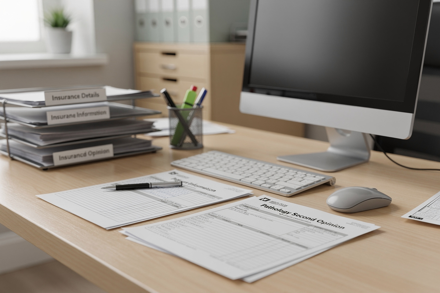 Empty medical billing desk with insurance forms and pathology paperwork illustrating formal pathology second opinion cost and coverage.