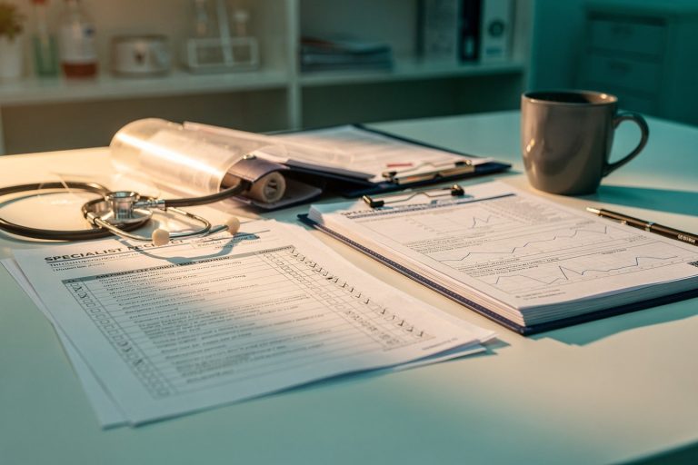 Pathology consultation paperwork with a specialist selection checklist and medical records on a desk.