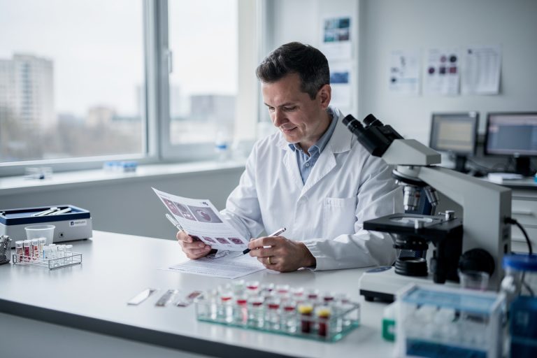 A pathologist consultation questions image showing a specialist annotating a pathology report beside microscope slides during case review.