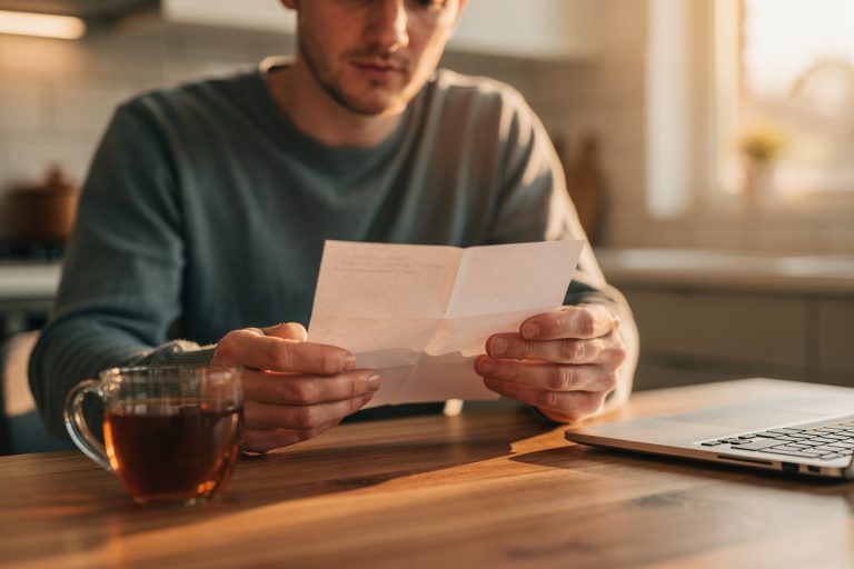 A person reading a medical letter at a kitchen table while learning how a pathology consultation can help patients understand their results.