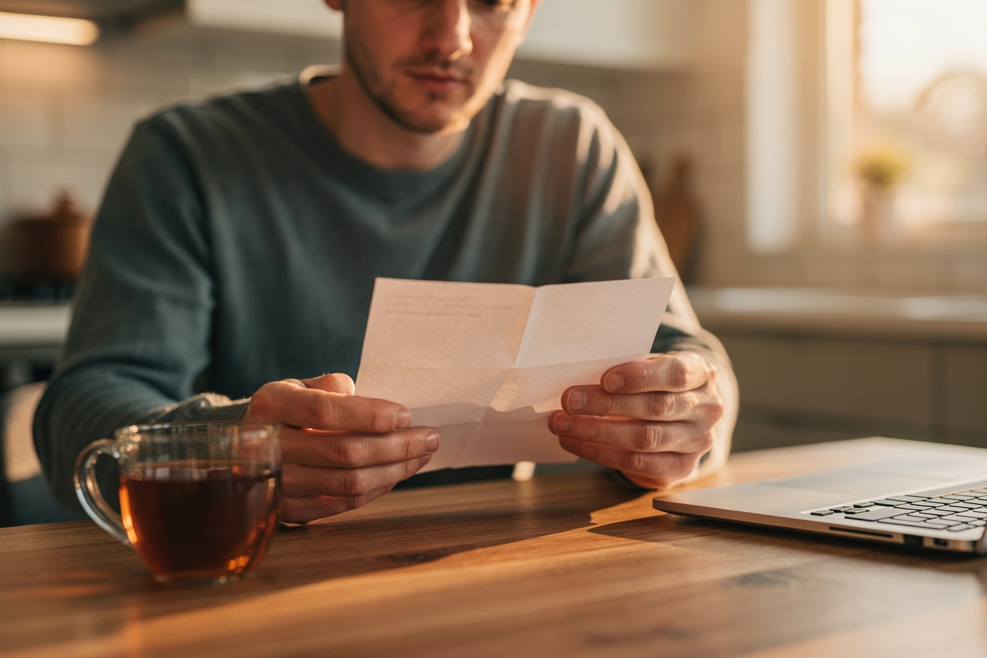A person reading a medical letter at a kitchen table while learning how a pathology consultation can help patients understand their results.