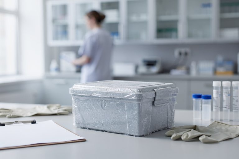 Sealed biopsy transport box representing when a pathology consultation is more valuable than another doctor visit