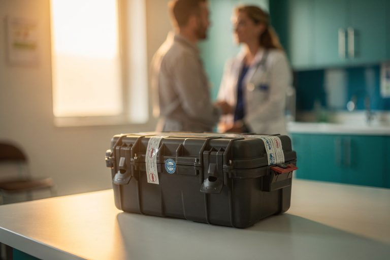 Sealed pathology transport box representing a pathology consultation second opinion for patients who already trust their doctor