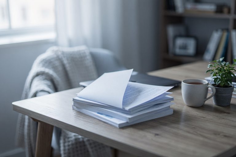 A quiet home desk by a window with printed medical documents, illustrating how to understand a pathology report without medical training.