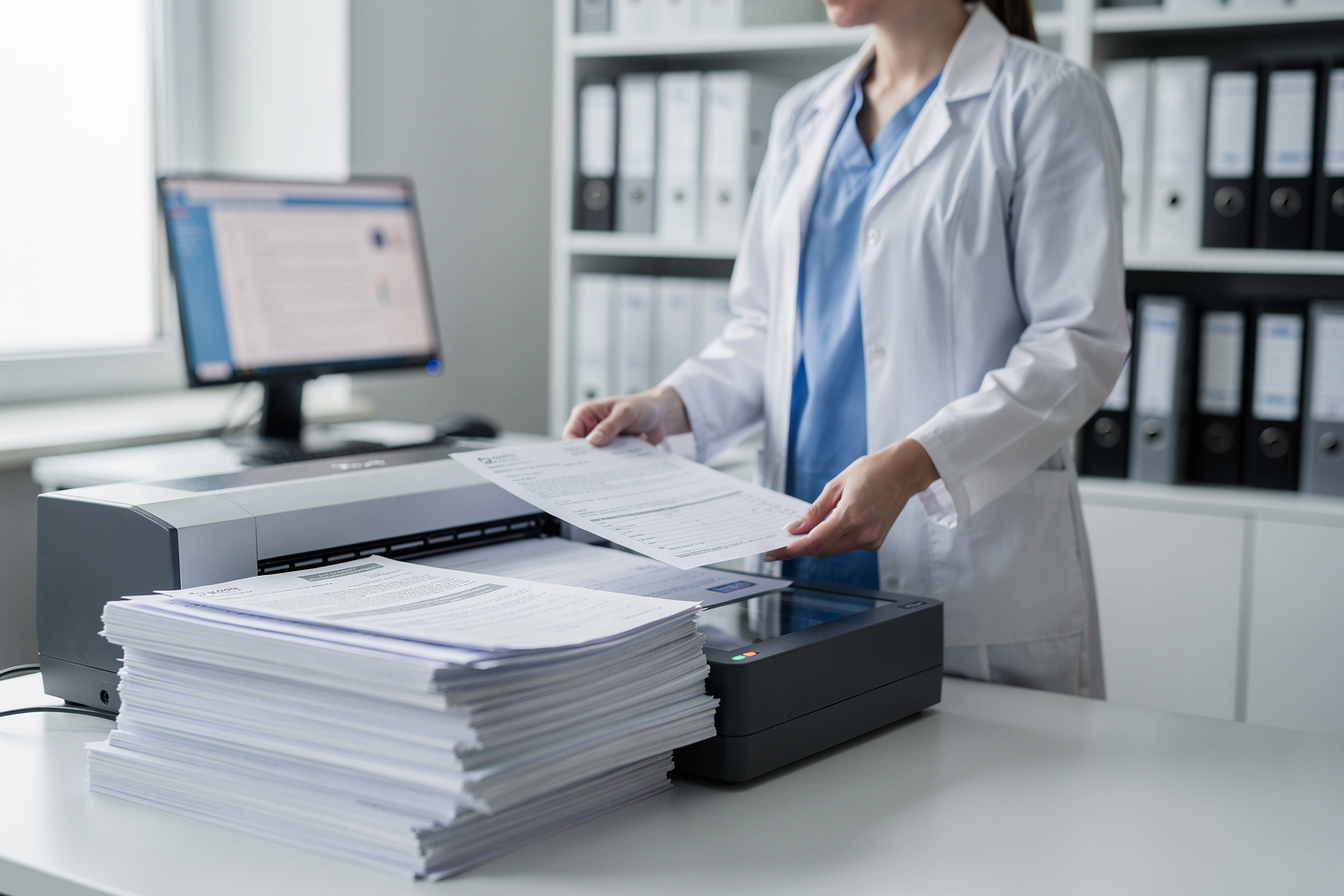 Medical records being scanned for a detailed pathology report review to identify key diagnostic findings.