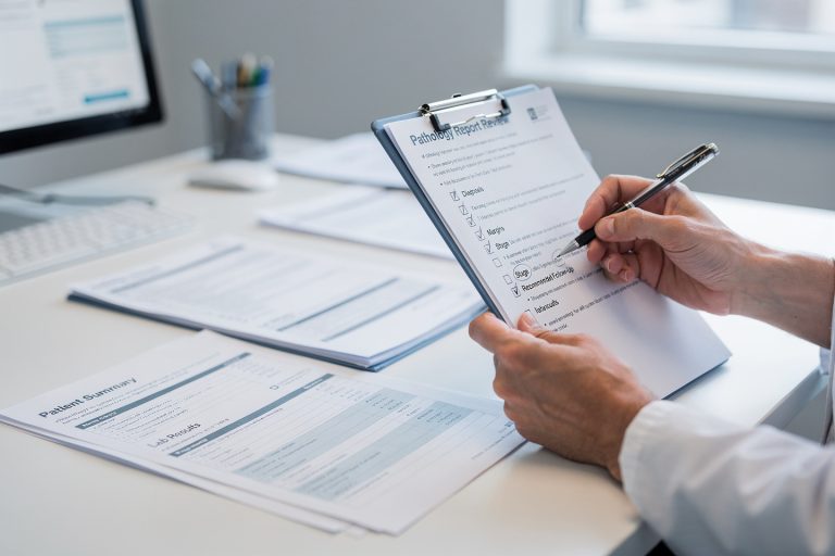 Hands annotating a pathology report review checklist before making treatment decisions