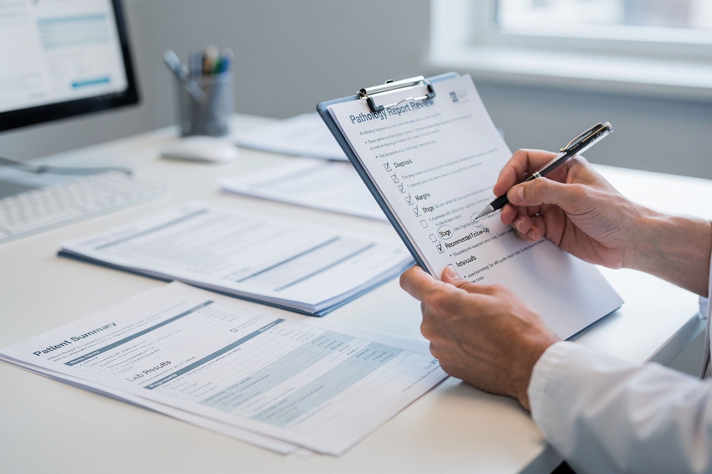 Hands annotating a pathology report review checklist before making treatment decisions