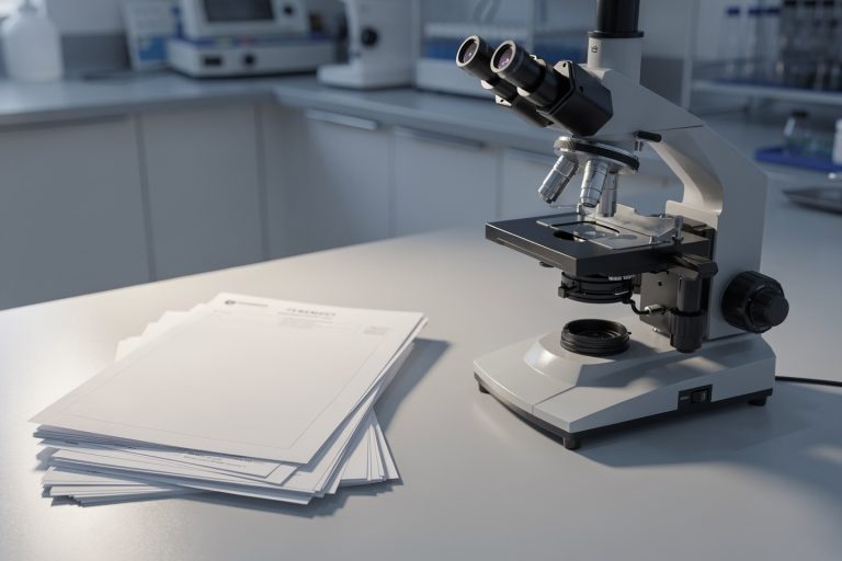 An empty lab bench with a pathology report and microscope, representing the key pathology report sections patients should understand.