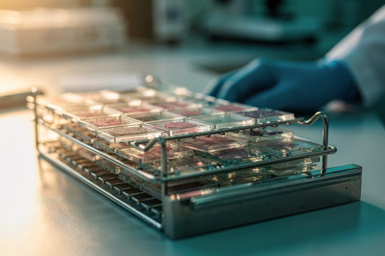 Close-up of a pathology slide tray representing pathology second opinion accuracy in cancer diagnosis.