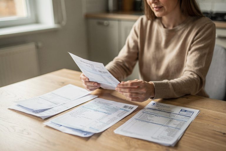 Person reviewing paperwork at home while considering pathology second opinion cost factors.