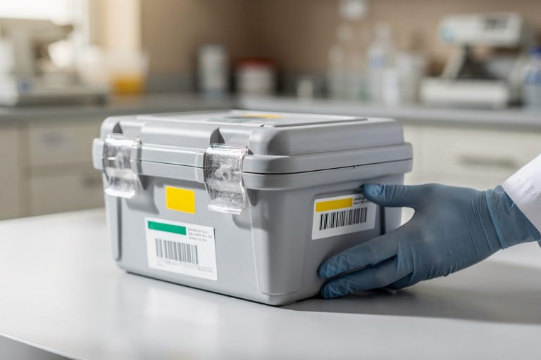 A close-up of a sealed biopsy transport box representing how a pathology second opinion diagnosis review can change a diagnosis without re-testing.