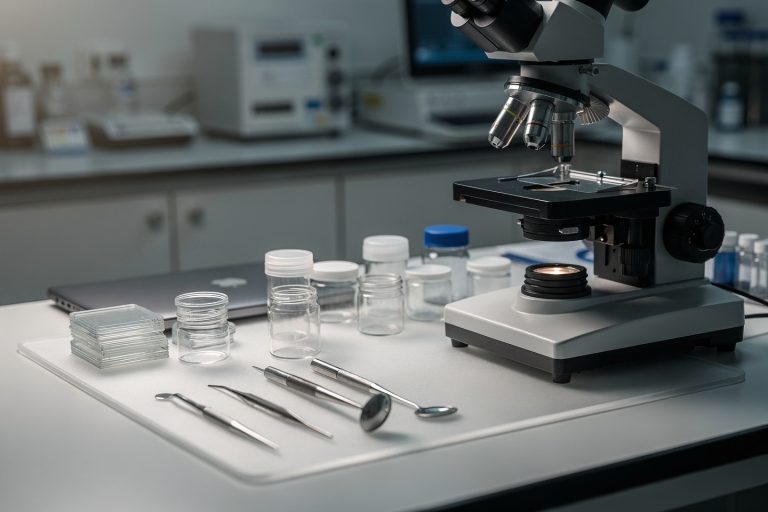 Empty pathology lab bench representing where a qualified pathology second opinion specialist reviews cancer diagnosis materials