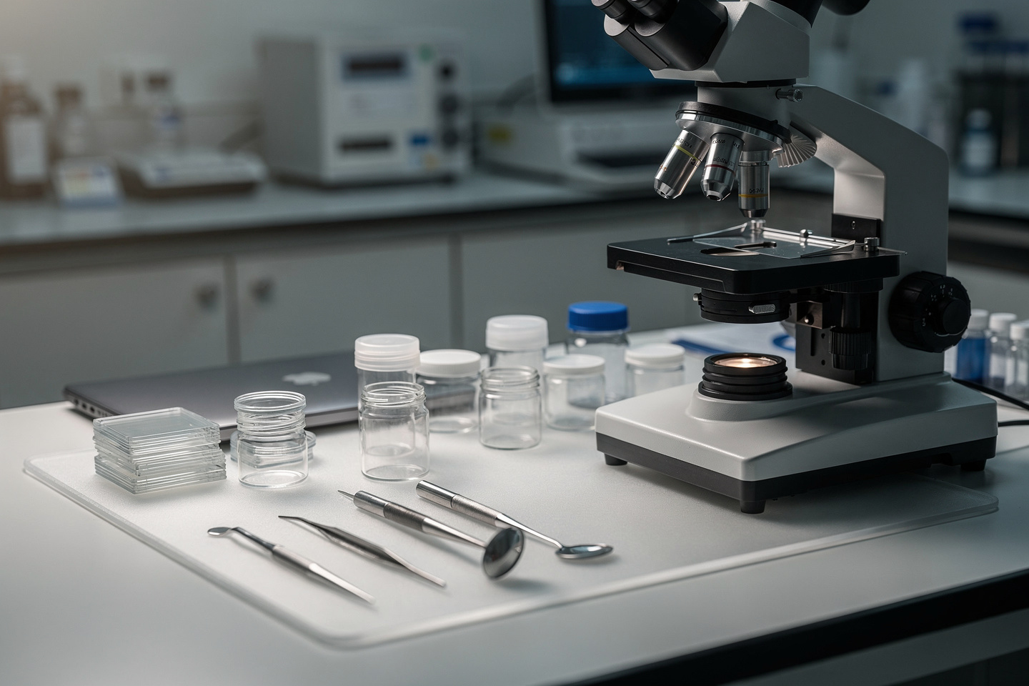 Empty pathology lab bench representing where a qualified pathology second opinion specialist reviews cancer diagnosis materials
