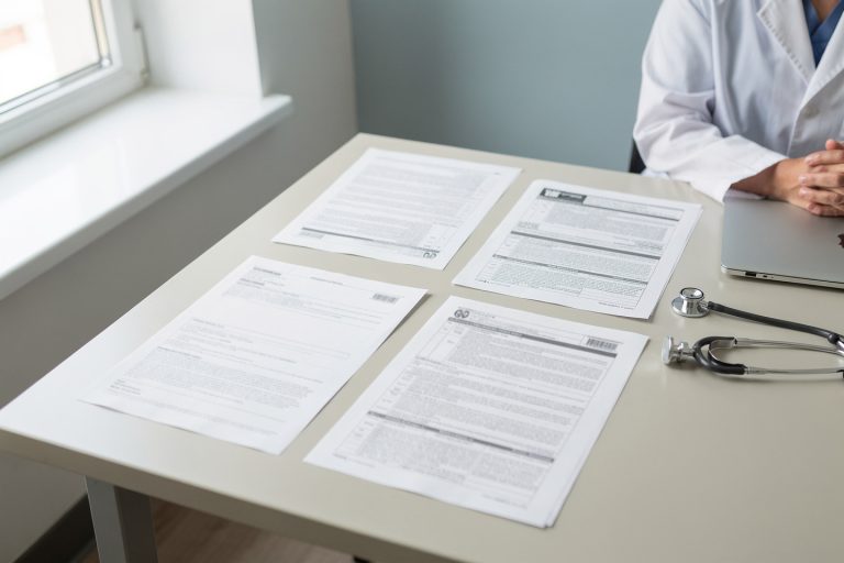 Pathology report pages and medical records laid out for a second opinion consultation, with no face visible.