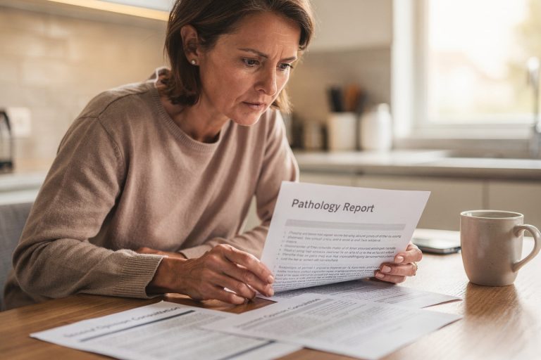 Person reviewing a pathology second opinion letter at home while considering whether to seek another review despite trusting their doctor