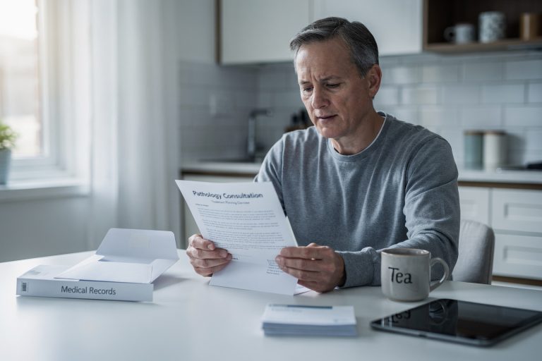 Person reading a medical letter at a kitchen table while considering a pathology consultation before cancer treatment.