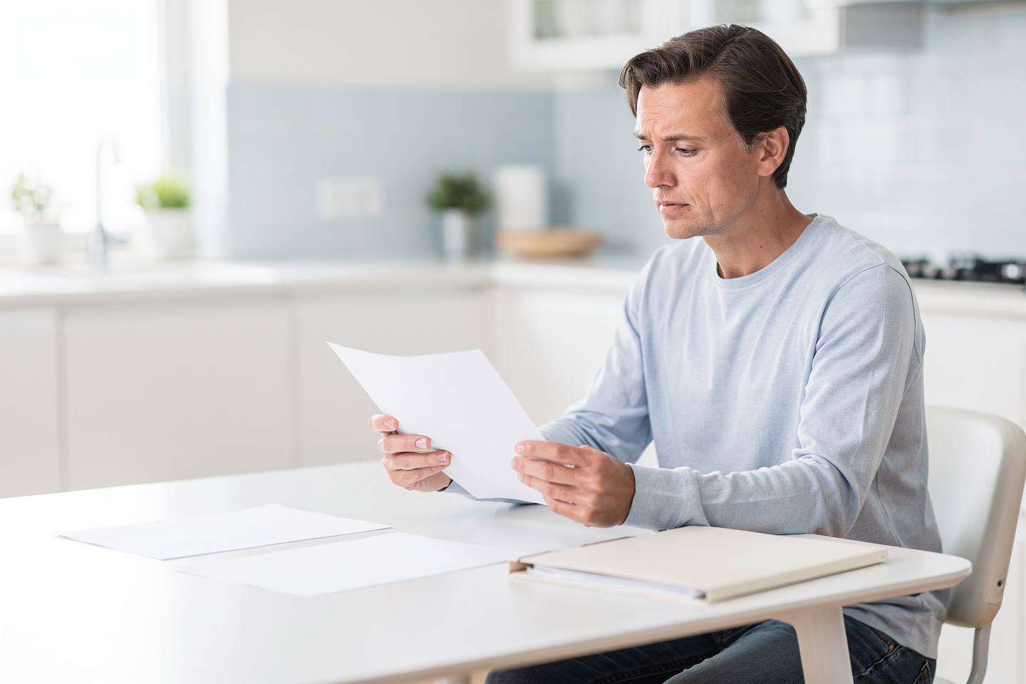 A person reads a pathology second opinion letter at a kitchen table while considering whether it should be performed by a specialist.