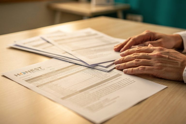 Pathology consultation paperwork showing medical records and report pages for What a Consultation at HONEST Pathology Does and Does Not Do