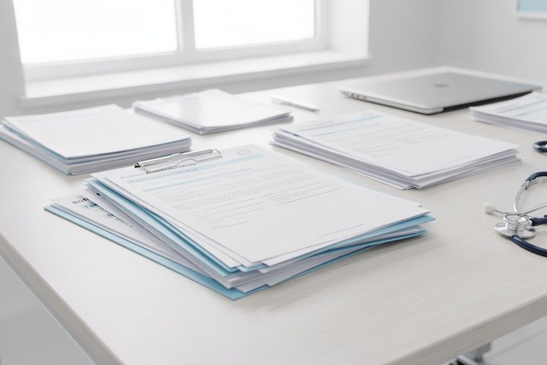 Pathology consultation follow-up paperwork with pathology report pages and medical records on a desk