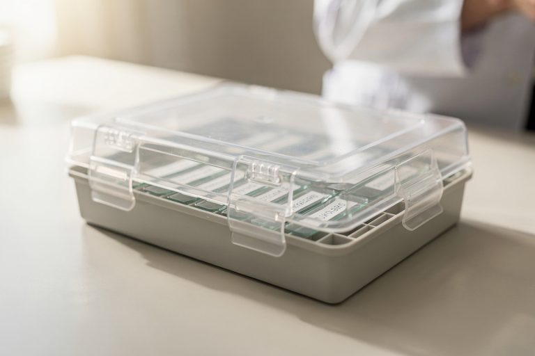 Close-up of a sealed pathology slide tray representing what to do if a pathology second opinion disagrees with your doctor.