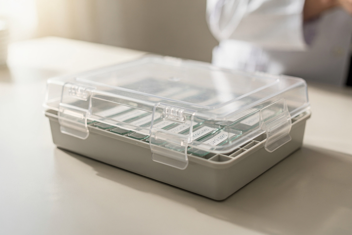 Close-up of a sealed pathology slide tray representing what to do if a pathology second opinion disagrees with your doctor.