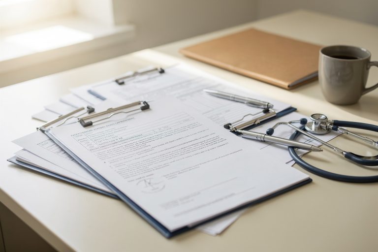 Pathology consultation illustrated by pathology report pages and medical records arranged on a desk with no face visible