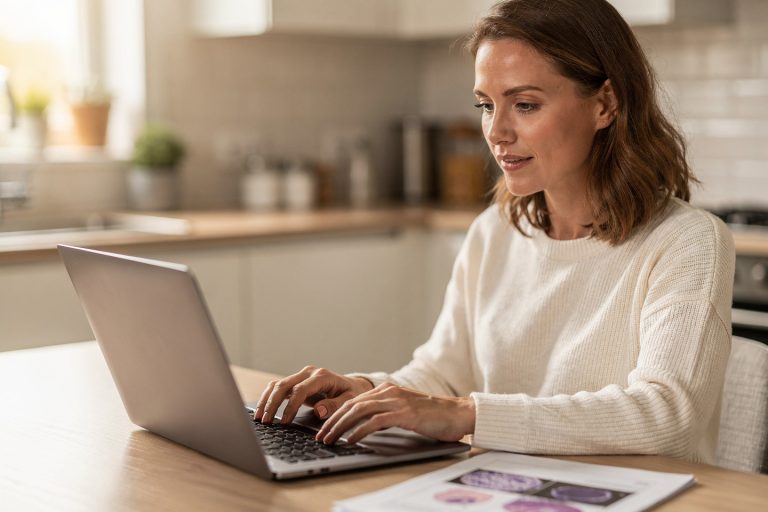 Person at a kitchen table using a laptop to understand telepathology for consultations