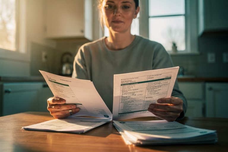 Person at a kitchen table comparing pathology reports after a second pathology opinion is different from the original diagnosis.