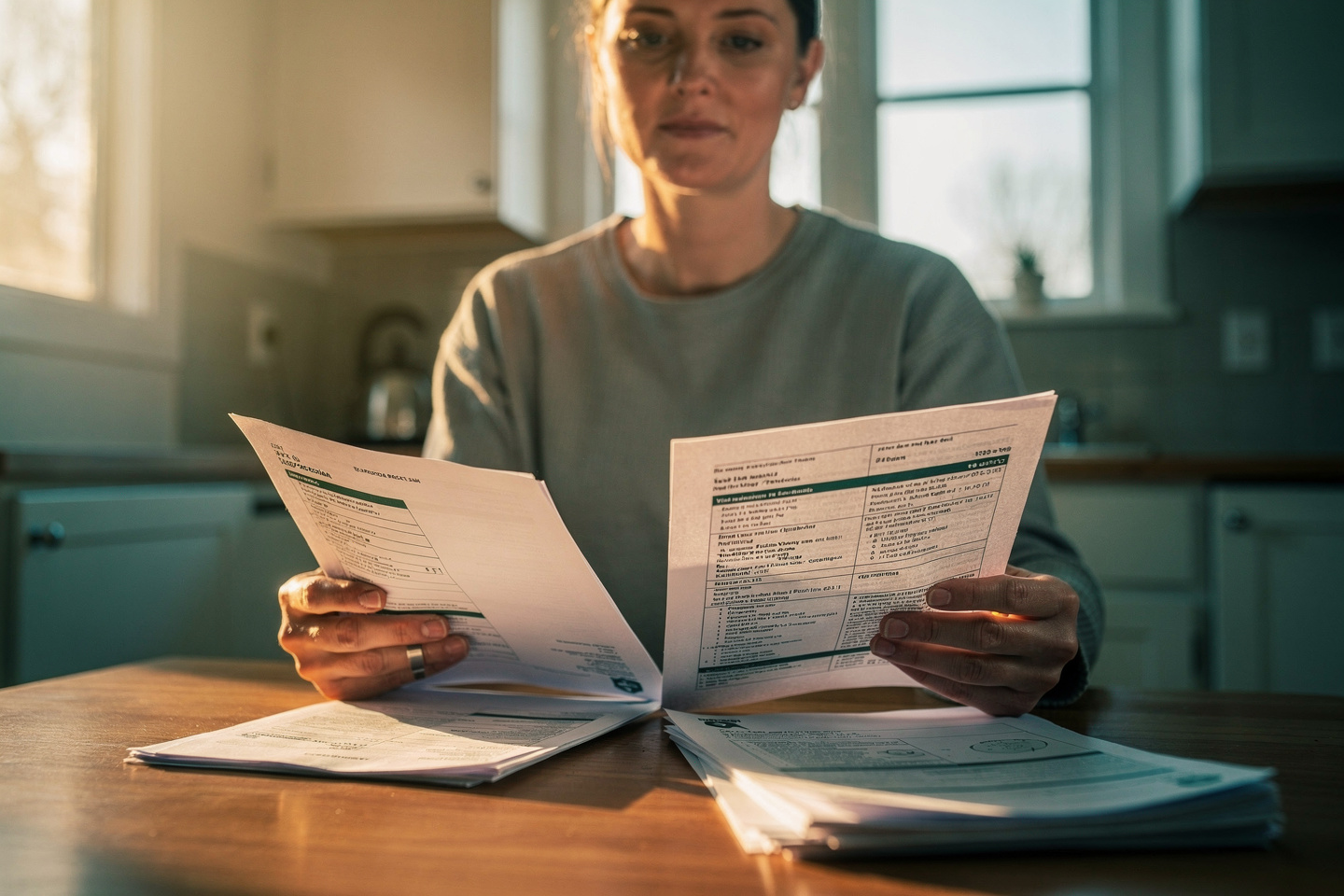 Person at a kitchen table comparing pathology reports after a second pathology opinion is different from the original diagnosis.
