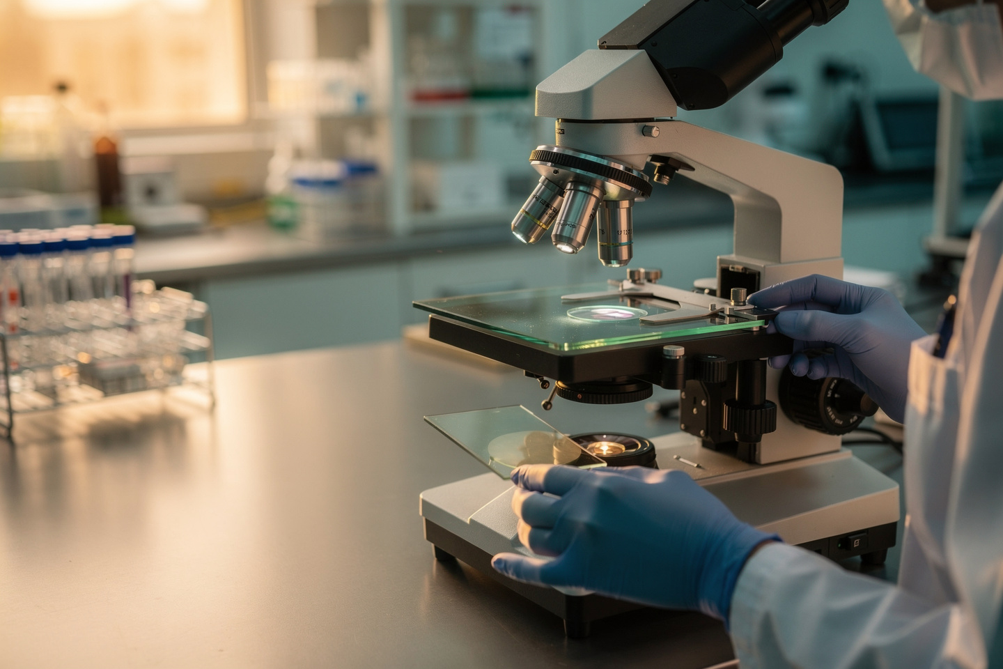Pathology slides being reviewed for a pathology report second opinion by a qualified specialist.