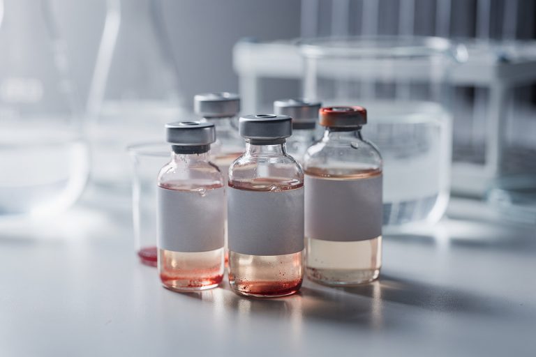 Close-up of specimen vials and laboratory glassware representing elevated LDH cancer blood testing.